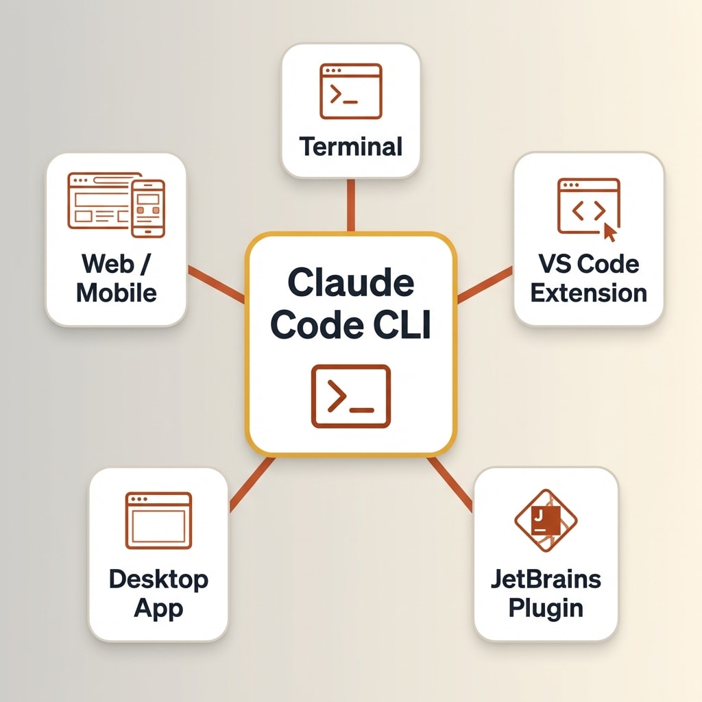 Diagram showing five ways to run Claude Code: Terminal CLI at the center with VS Code, JetBrains, Desktop App, and Web as connected surfaces