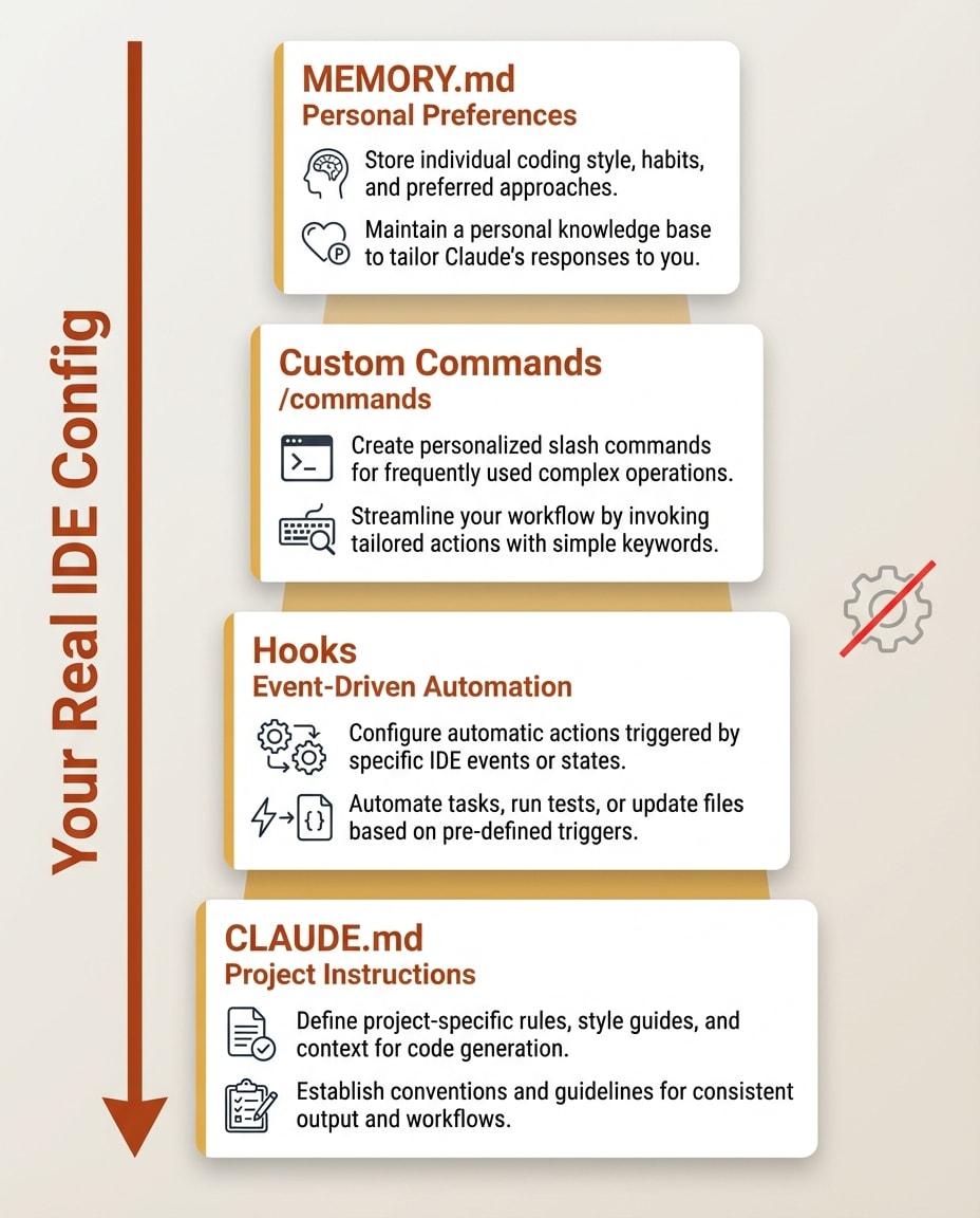 Stack diagram showing Claude Code configuration layers: CLAUDE.md project instructions, hooks, custom commands, and MEMORY.md preferences