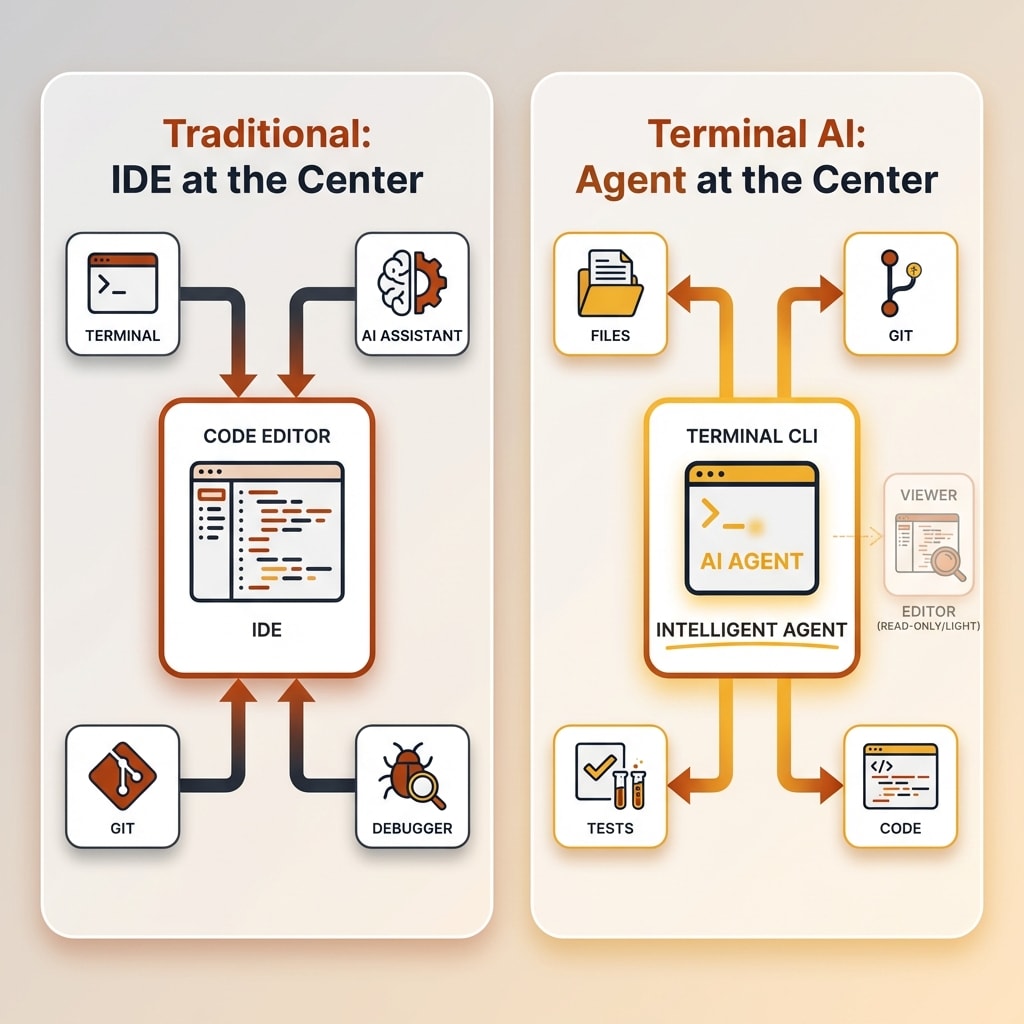 Comparison diagram showing traditional IDE-centric workflow versus terminal-first AI agent workflow where the editor becomes a viewer