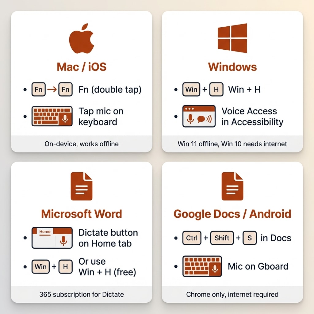 Quick reference grid showing how to activate dictation on Mac, Windows, Microsoft Word, and Google platforms
