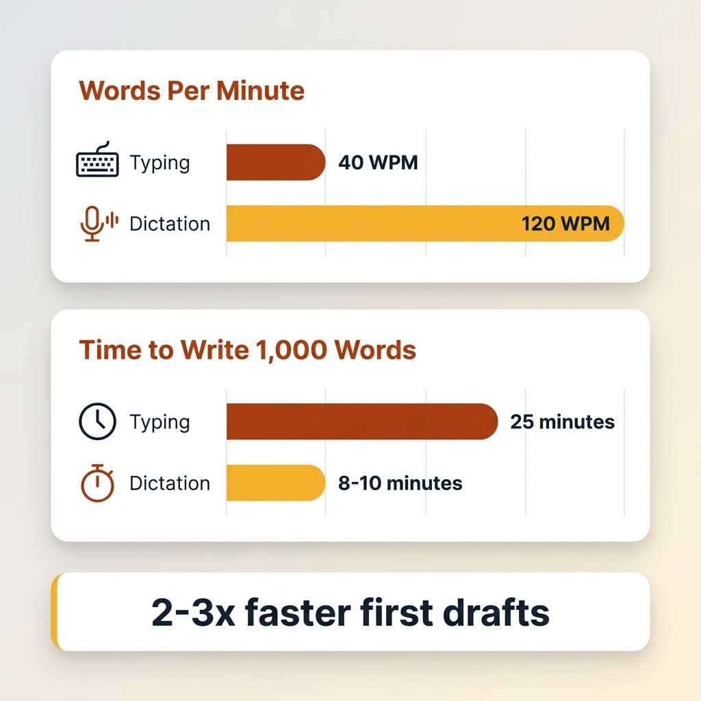 Bar chart comparing typing at 40 WPM to dictation at 120 WPM, showing dictation is 2-3x faster for first drafts