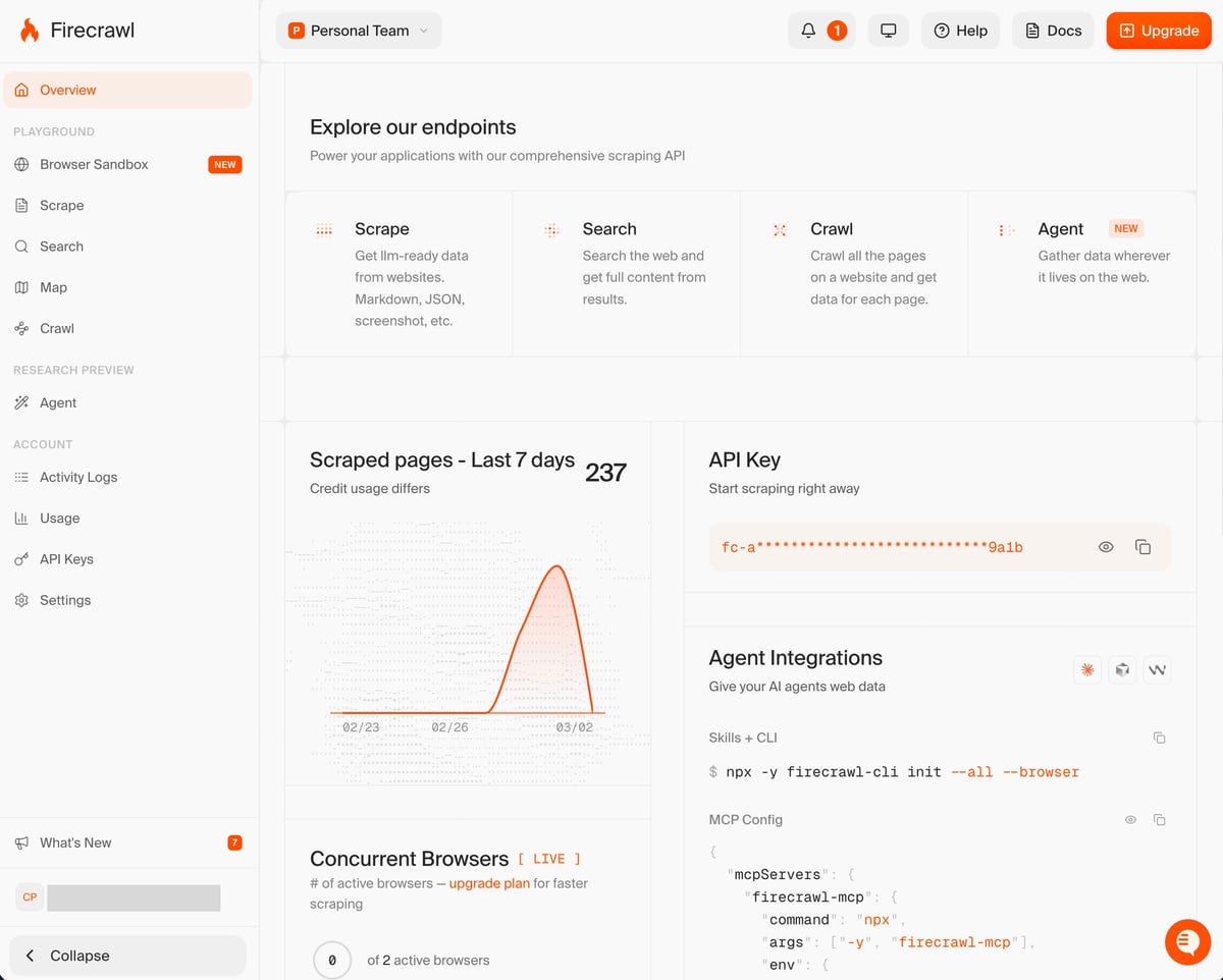 Firecrawl dashboard showing endpoints overview, usage stats, and API key configuration