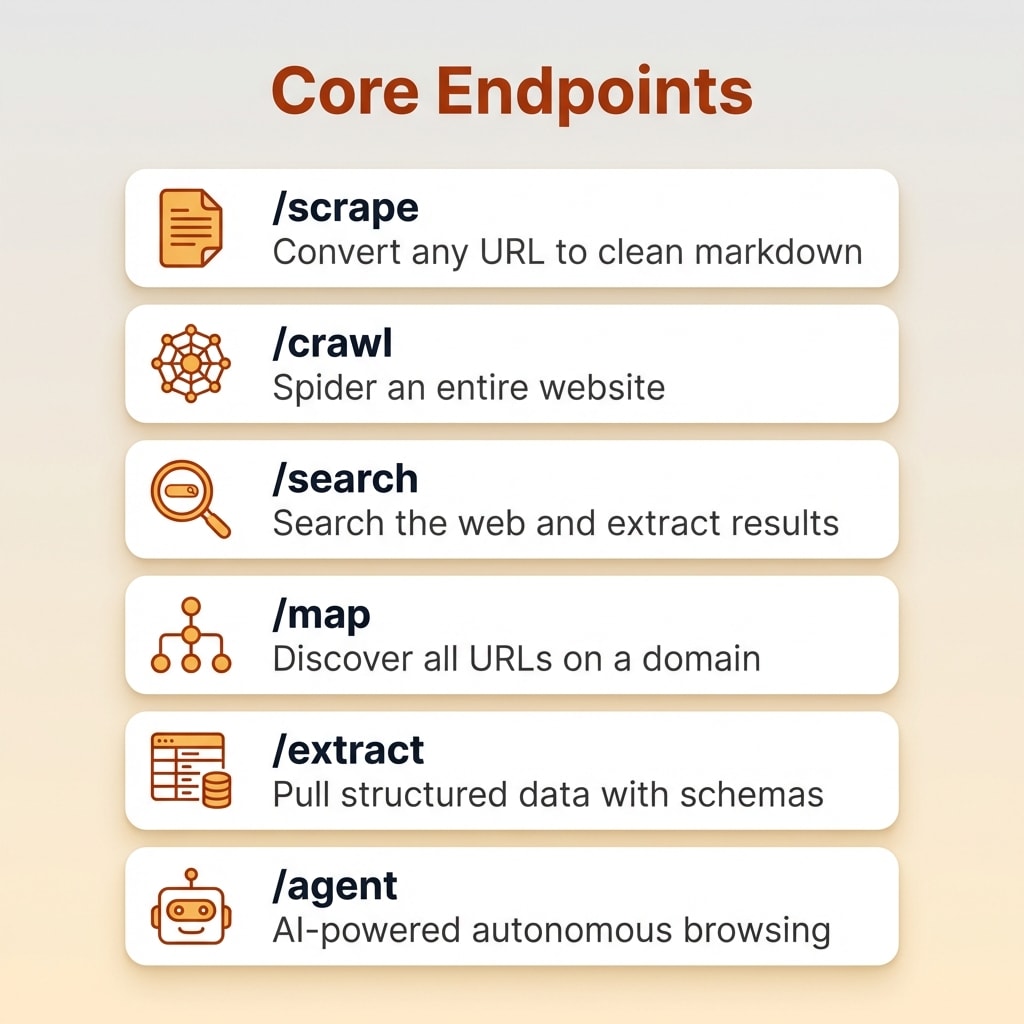 Firecrawl core API endpoints: scrape, crawl, search, map, extract, and agent