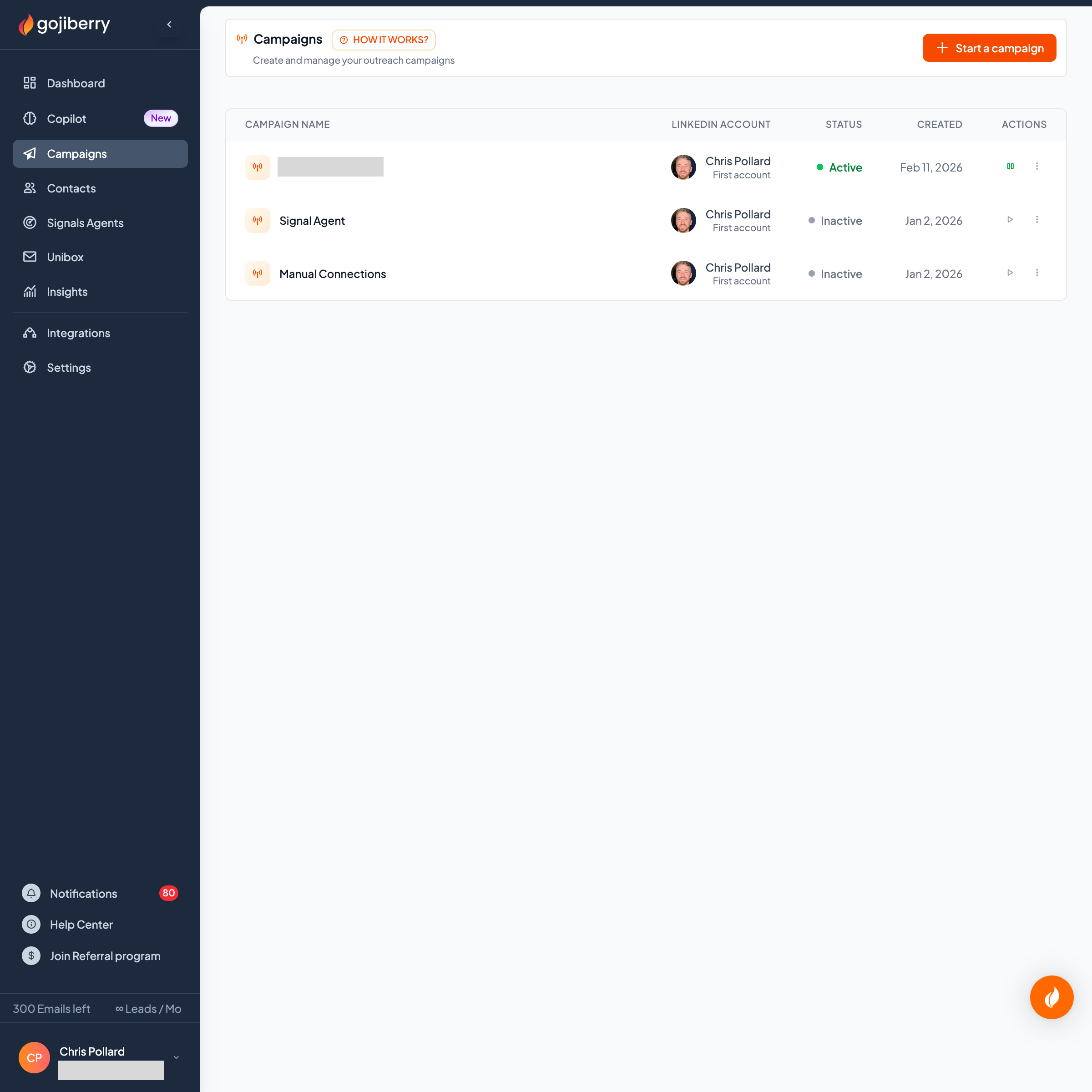 Gojiberry AI campaigns interface showing active LinkedIn outreach campaigns