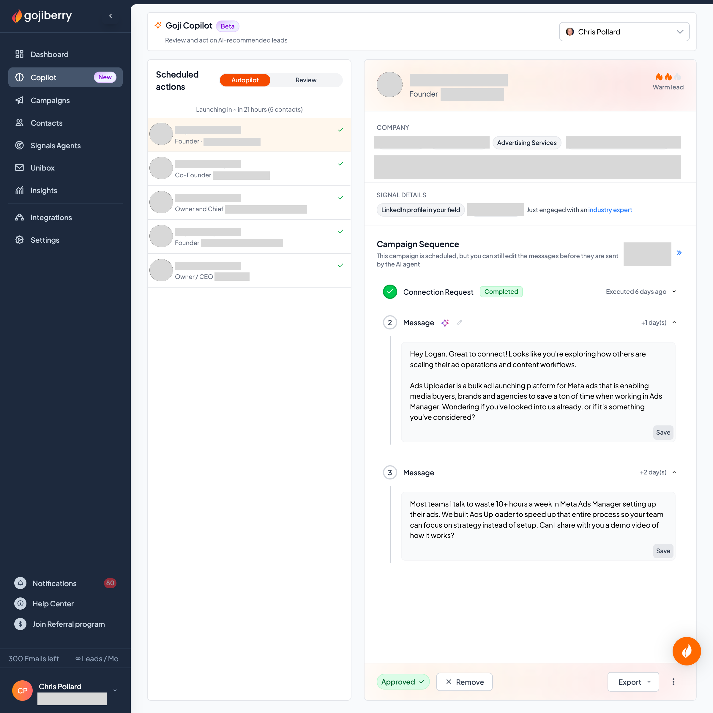 Gojiberry AI Copilot showing scheduled actions, lead details, and multi-step message sequences