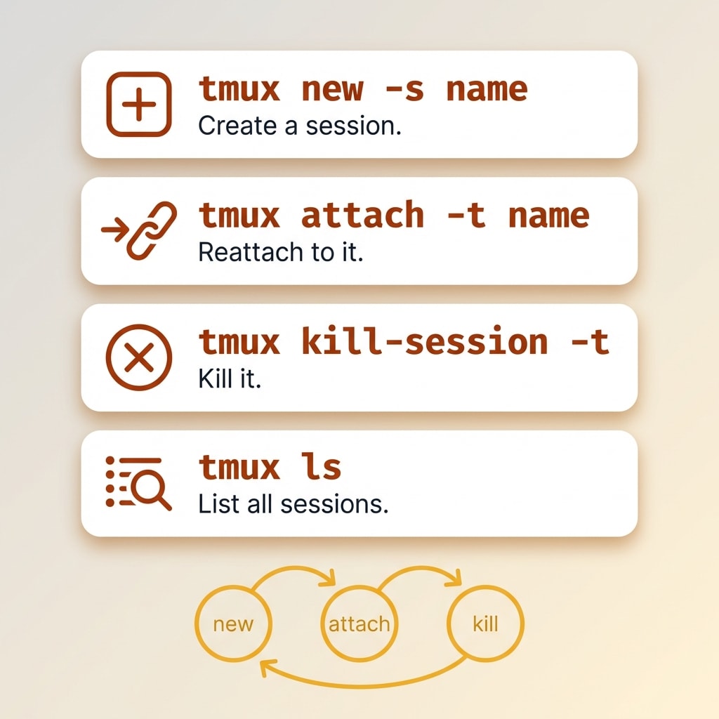 The four essential tmux commands: new session, attach, kill session, and list sessions shown in terminal style