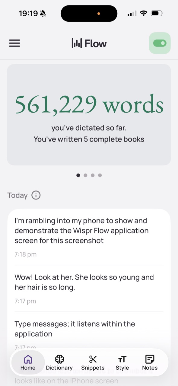 Wispr Flow iPhone app showing 561,229 words dictated and recent transcription history